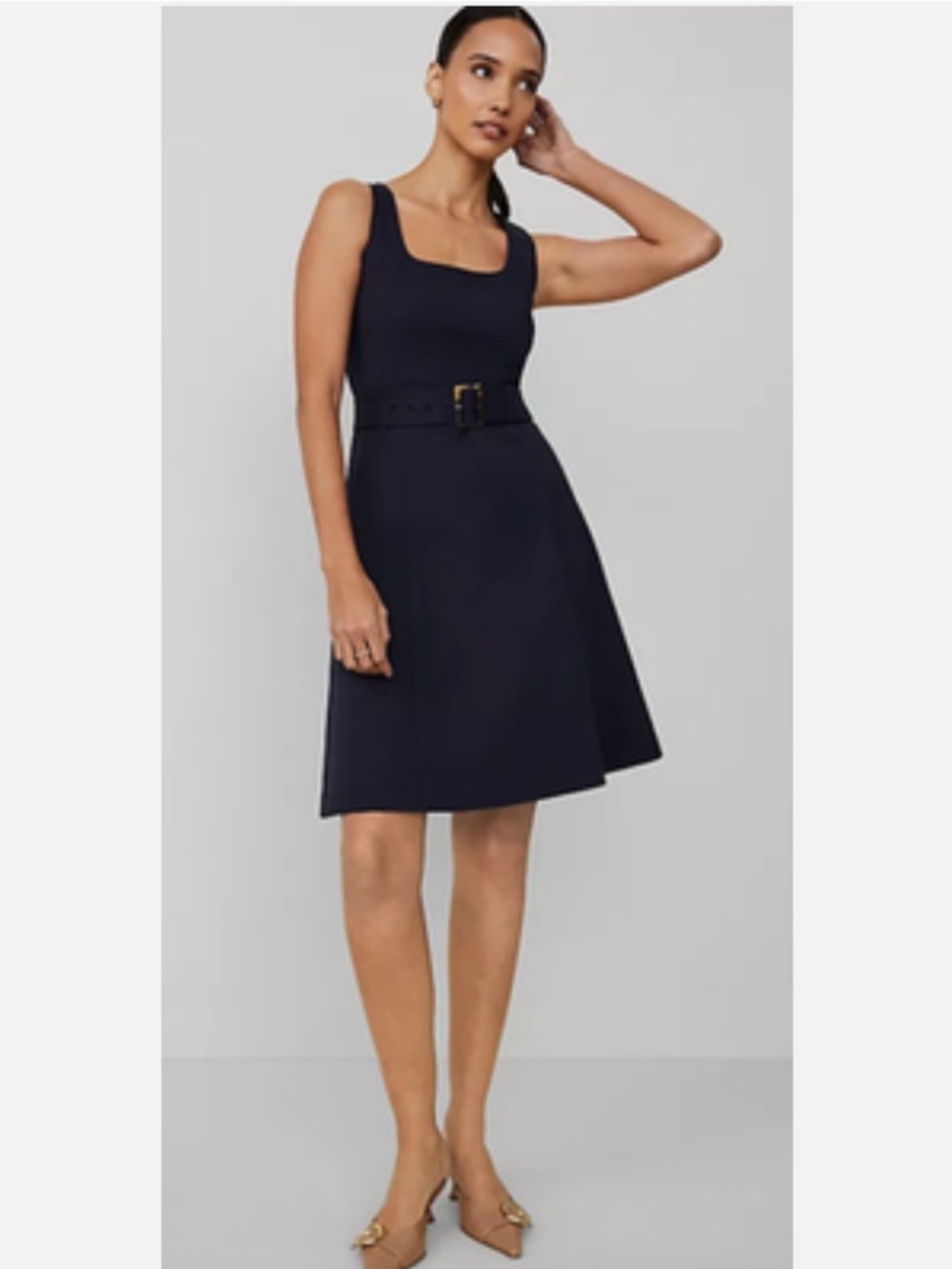 Ann Taylor Belted Flare Midi Dress Stretch Cotton Night Sky Women’s Size 2 NWOT